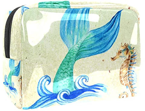 Trousse de Toilette pour Femme, adorables Sacs de Maquillage spacieux, Organisateur d'accessoires de Trousse de Toilette résistant à l'eau,été Plage océan Hippocampe sirène