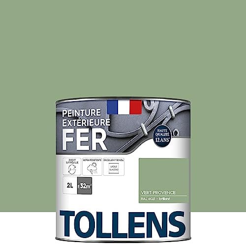 Tollens - Peinture extérieure fer 2 en 1 - Ultra Résistante - Protection antirouille - Laque Riche en Résine - Sans Sous-Couche - Entretien Facile - Brillant - Vert Provence - 2L = 32m2