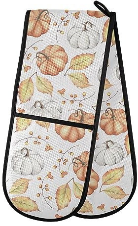Double Oven Gloves Autumn Leaves Pumpkins Heat Resistant Pot Holder Oven Mitt Gloves for BBQ Cooking Baking Grilling Microwave