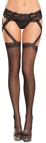 Bas pour Porte-jarretelles Une Pièce Sexy Élégant Femme Taille Haute Résistant Chaussettes Rétro en Résille avec Jarretières Dentelle Collant Ouvert Bonneterie Fantaisie Lingerie Noir (Fins, Noir)