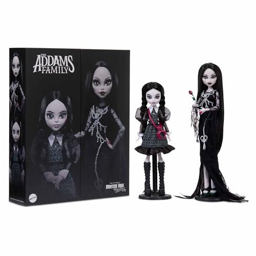 Monster High Skullector Addams Family Doll Two-Pack Morticia & Wednesday, voll bewegliche Sammelpuppen mit Echtheitszertifikat