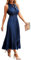 ONAYEYO Damen Sommer Plissee Lang Kleid V Ausschnitt ärmellos Schweizer Punkt Sommerkleid Elegant Hohe Taille Abendkleid Midikleid Casual Einfarbig Strandkleid (M, Dunkelblau)