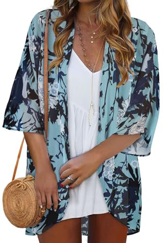 rosemia Women Kimono Cardigans Casual Summer Tops Cover up Open Front Floral Print Resort Wear, Light Floral Leaf, XL
