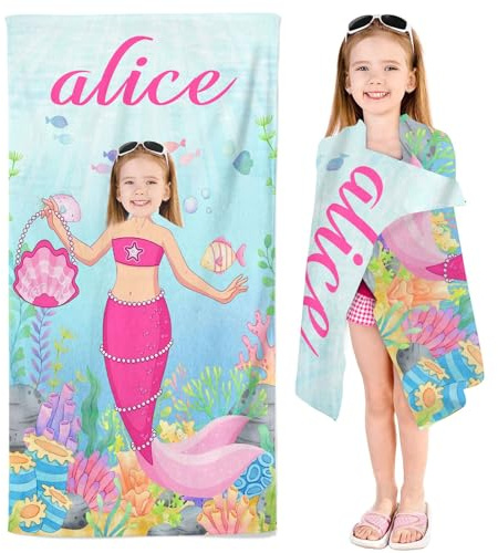 SMchwbc Personalisiert Strandtuch Mit Namen, Meerjungfrau Handtuch Badetuch mit Namen für Mädchen Mikrofaser Mermaid Strandtuch Groß 90x180cm Badetuch Handtuch Kinder (1,70 x 140 cm)