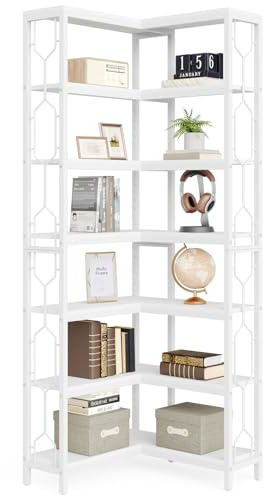 LITTLE TREE Bücherregal, 7-stöckiges Bücher Regal, Bücherregal Holz Hoch, Book Case für Bücher, Garagen-Kit, CDs, Filme, industrielle Eckaufbewahrung, Organizer für Schlafzimmer, Zuhause, Büro Weiß