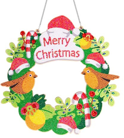 Merry Christmas Diamond Art Painting Wreath,30cm/11.8in DIY Wreath Making Kit,Xmas Wooden Garland Hanging Sign,5D Diamond Christmas Drill Crystal Painting Wreath for Home Window Front Door Wall Decor