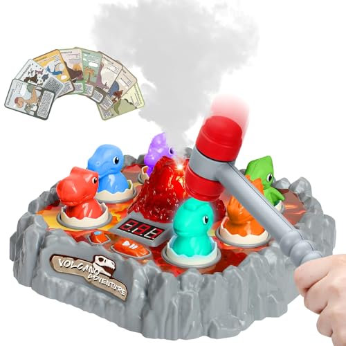 ALEENFOON Dinosaur Whack Mole Game for Kids, Early Learning Toys Whack a Dinosaur Game Pounding Toys with Sound and Light, Spray Volcano, Soft Hammer, Birthday Gift Interactive Toy for Kids