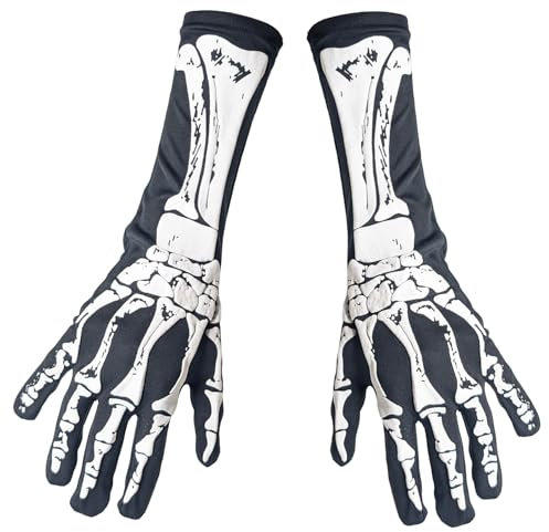com-four® 1 Paar lange Skelett-Handschuhe - gruselige Gerippe-Hände - Kostümzubehör mit Knochenmuster für Halloween, Día de Muertos, Cosplay - Geister-Hände Stulpen (1 Paar - Erwachsene Stulpen)