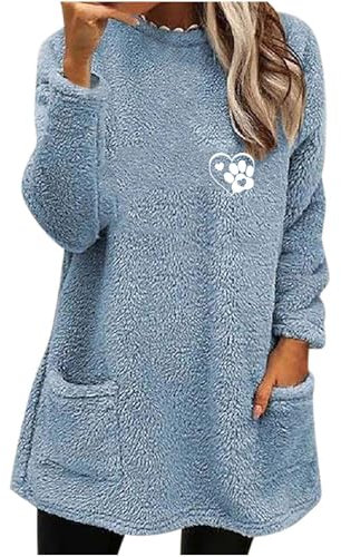 Pullover für Damen, Winter und Herbst, Rundhalsausschnitt, trendig, bedruckt, lange Ärmel, ohne Kapuze, Tops mit Taschen, verdickter, warmer Mantel, Top, bequeme Pulloverblusen, 02#Blau., 3XL
