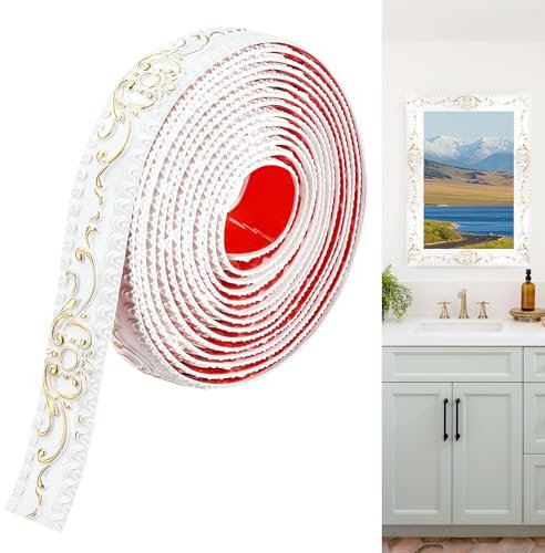JUNART Flexible Wall Trim, 300cm×3.6cm Peel and Stick Moulding Trim, Self-Adhesive Coving for Ceilings, 3D Wall Trim for Wall, Mirror, Frame, Cabinet, Tile, TV Background(White Gold)
