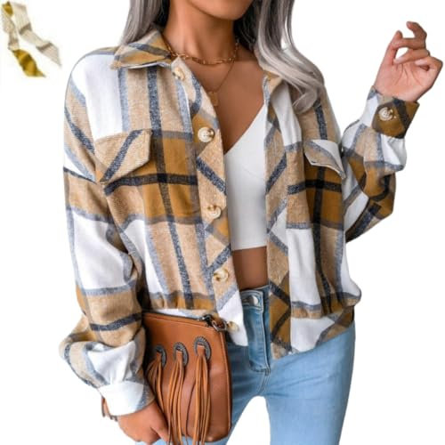 Generisch Cropped Plaid Flannel Jacket,Women's Fashion Button Down Lapel Fall Shirt Coat Tops,Casual Long Sleeve Outwear Blouse