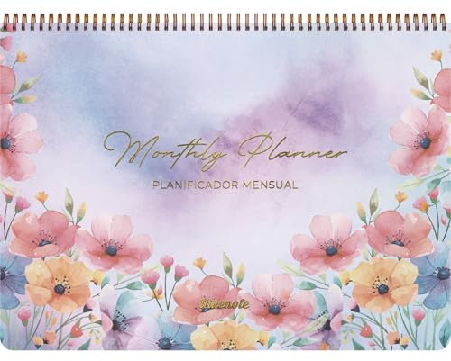 Planificateur Mensuel du Lundi au Dimanche - Monthly Planner Sans date (Perpétuel), Grande Taille 31,5 x 23 cm, Reliure à Anneaux Double Wire’o, Organiseur en Espagnol et en Anglais - Takenote Amapola
