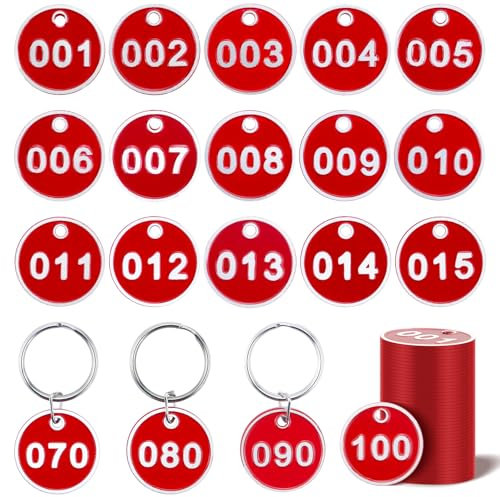 1-100 Numbered Key Tags, Round Metal Tags, Key Chain Labels, Key Tags for Home, Office and Garage, Dorm Keys, House Lockers (Red)