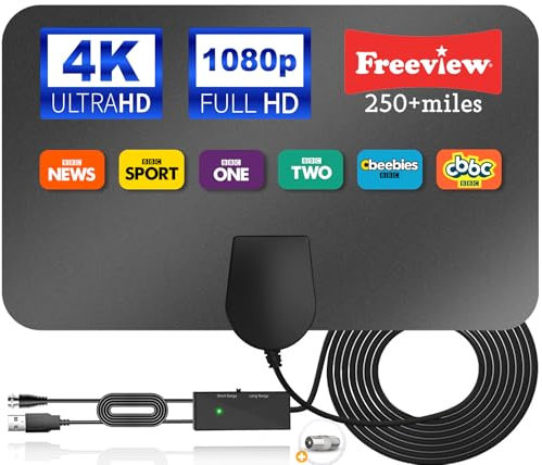 2024 Indoor TV Aerial - Digital TV Aerial for Smart TV Antenna with Booster 250+ Long Range Reception for Freeview TV‘s Support 4K 1080P HDTV & 16.4ft Coax Cable