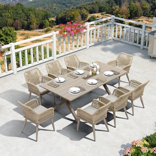 PURPLE LEAF Salon de Jardin Exterieur 8 Personnes en Aluminium, Mobilier de Jardin pour 9 Pièces, Style Luxe Discret en Champagne, Table Rectangulaire avec Chaises et Coussins pour Pelouse, Terrasse