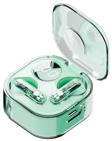 Juice Kabellose Airphones Glas-Kopfhörer (Exo), True Wireless Earpods mit Instant Connect Bluetooth, bis zu 18 Stunden Spielzeit, digitales Display, Ladehülle für 3 volle Ladungen (Blaugrün)