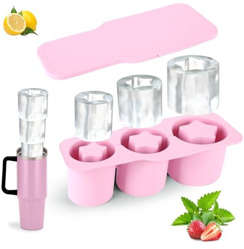 Eiswürfelform Silikon für Stanley Cup Zubehör, 3 Fach Thermobecher Eiswürfelbehälter mit Deckel, BPA Frei, für 20oz 30oz 40oz Tumbler, Cocktails, Whiskey, Getränke, Kaffee (Rosa)