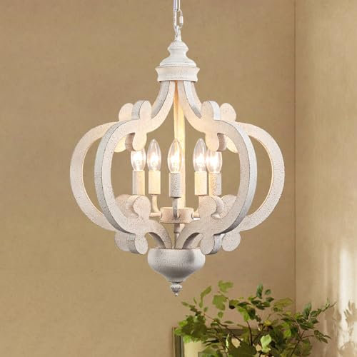 LWYTJO Kronleuchter Vintage Weiß, 5 Flammig Bauernhaus Landhausstil Hängelampe Holz, Rustikal Kronleuchter Weiß Deckenlampe Vintage Pendelleuchte für Schlafzimmer Wohnzimmer Esszimmer Küche Flur