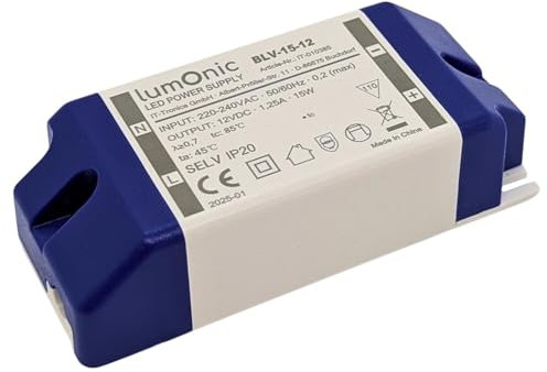 Lumonic I Transformateur LED BLV-15-12 I 12V 15W I Input 220-230VAC I sans Scintillement I Protection Contre Les surcharges I Bloc d'alimentation LED I pour l'éclairage LED