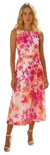 Roman Originals Floral Pleated Neck Midi Dress for Women UK - Ladies Everyday Holiday Spring Summer Round Neckline Comfy Soft Evening Vacation Work Party - Pink - Size 10