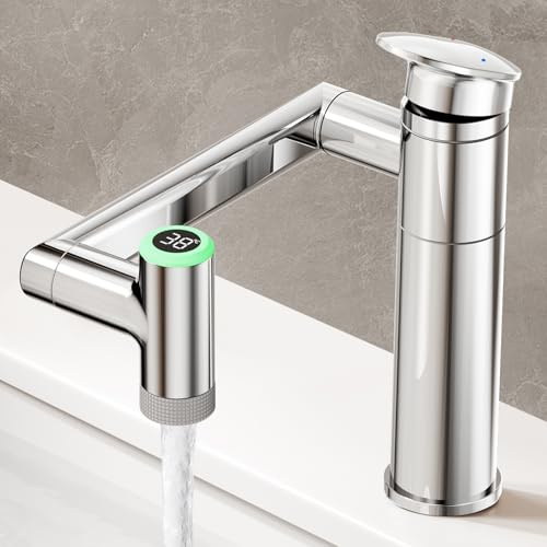 JONKEAN Chrom Wasserhahn Bad mit Temperaturanzeige(Batterielos) | 1080° Drehbar Mischbatterie Waschbecken, Moderne Armatur Badezimmer, Warm/Kaltwasser, Einfache Montage für Badezimmer, RV