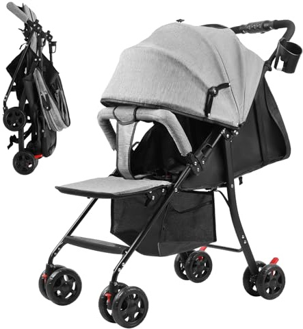 Adjustable Reclining Baby Stroller with Umbrella, 95°–175° Iron Frame Travel Stroller, 4.2 kg Lightweight Foldable Under-Seat Storage & Cup Holder 5-Point Harness for Toddlers 0–2 Years Grey