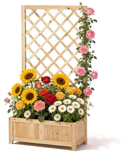 Hochbeet mit Rankgitter aus Holz, Pflanzkasten mit Rankhilfe für Kletterpflanzen, Vertikales Gartenbeet für Blumen, Gemüse & Kräuter, Blumenkasten für Balkon, Terrasse & Garten, Höhe 120cm