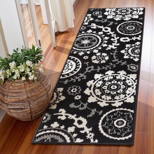 Homodeco Langer Teppich Läufer Flur rutschfest, Kurzflor Schlingenflor Flurteppich Läufer Lang Flurläufer Modern, Küchenteppich Waschbar, Teppichläufer für Flur, Wohnzimmer, Küche, Schwarz, 50x150cm