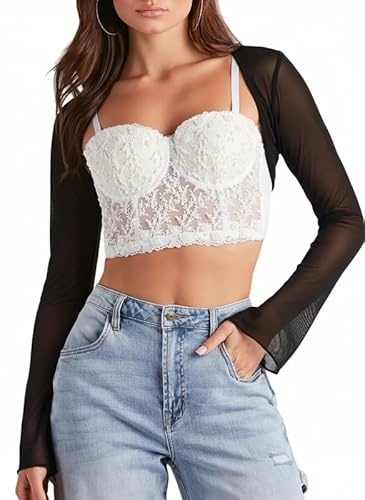 Sukiglam Bolero Damen Festlich Langarm Mesh Shrug Boleros mit Glockenärmel Elegant Transparent Netz Kurzes Cardigan Leichte Schulterjacke für Casual Sport Hochzeit Herbst Arm Ärmel Bolerojacke