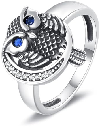 KZX Eulenring 925 Sterling Silber Blaues Auge Eulenringe Schmuck Geschenk für Frauen Mutter Ehefrau