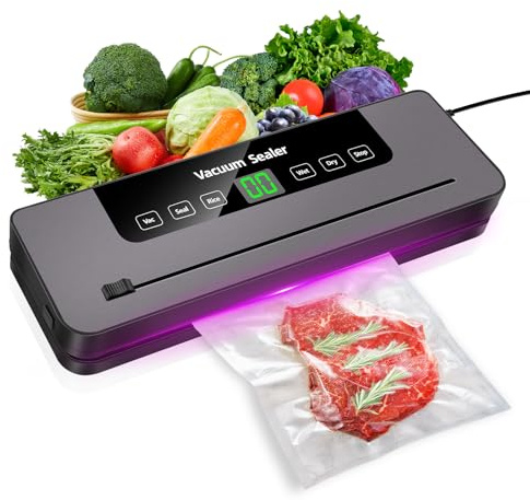 Profi Vakuumiergerät Vakuumierer Folienschweißgerät Vakuummaschine Mit 10 Beutel mit 6 Modi, 60KPA Folienschweißgerät Vakuumierer mit Lila Licht Sterilisationsfunktion Cutter,120W