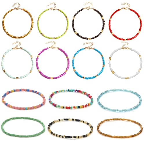 Mitibet 14 Pcs Woven Friendship Bracelets for Women Men, Boho Beaded Anklet, Handmade String Ankle Chains, Adjustable Rope Wristband, Summer Beach Accessories, Waterproof Braided Cord, Colorful Jewelr