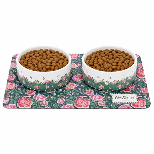 Cath Kidston Pet Feeding Station for Cats & Dogs, Set of 2 Ceramic Food & Water Bowls (400 ml) with Matching Waterproof Feeding Mat, Gift Set for Dog Lovers - (40 × 28 cm), Dolly Rose Design