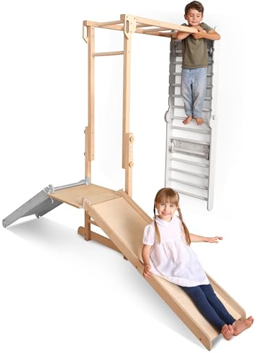 Goodevas Holz Indoor Klettergerüst für Kinder – Montessori Kletterrahmen Erweiterungsmodul mit Affenschaukel, Ringen, Schaukel & Rutschbrett (Sprossenwand separat erhältlich)