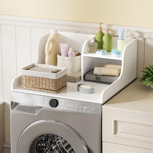 Waschtrockner Arbeitsplatte mit Ablage, Waschmaschinen und Trockner Arbeitsplatte mit 2 Ebenen, 68,5 cm B x 70 cm T x 30 cm H, rutschfeste Unterlage für Wäsche, großer Raum Wäsche mit Kantenschienen