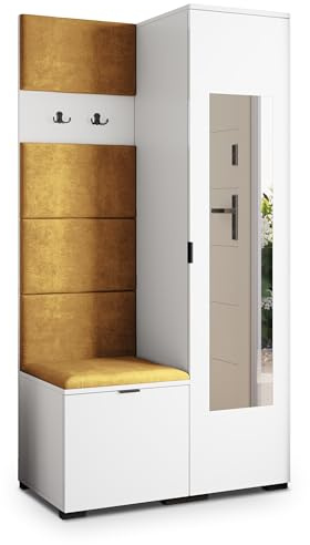 Masseno Flugarderoben Set VIRA, Kleiderschrank-Set mit Spiegel und Sitzbank, Garderobenschrank Flur mit 3 Regalböden, Weiß