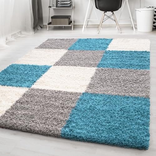 Carpetsale24 Hochflor Teppich Shaggy kariert 60x110 cm Blau, flauschig & weich, modernes Karo Design, rechteckig, ideal für Flur oder kleine Räume, stilvoll & kompakt