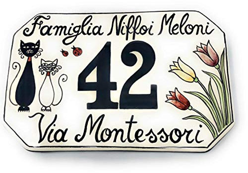 CERAMICHE D'ARTE PARRINI- Künstlerische italienische Keramik, Hausnummer 20x13 individuelle Dekoration Katzen, Fliesen handgemacht in Italien Toscana
