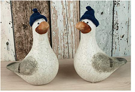2er Set Möwe Hinnerk aus Keramik mit Pudelmütze ca. 15,5 x 14 x 7 Maritime Deko Figur