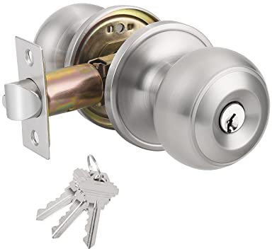 Probrico Brushed Nickel Door Knob with Lock and Key External Door Lock Keyed Entry Door Handle (Different Key) 1 Pack