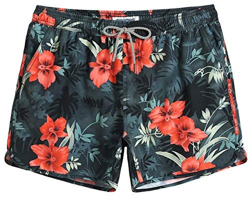 MaaMgic Short de Bains Homme Maillot de Bain Court 4 Way Stretch Vintage 80 90 Séchage Vite pour Vacance a la Plage, Vert Fleurs Rouges, L
