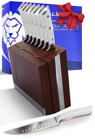 DALSTRONG Steak Knife Set with Folding Block - 8 Pc - Gladiator Series - 5 Straight Edge Blade - Forged High-Carbon German Steel - w/Modular Storage Block - Glacial White ABS Handle - NSF Certified