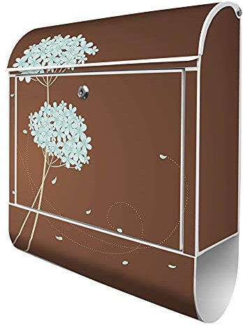 banjado® Design Briefkasten mit WT Blaue Hortensie 38,5x46,5x13cm & 2 Schlüssel - Briefkasten Stahl weiß mit Zeitungsfach pulverbeschichtet - Postkasten A4 Einwurf inkl. Montagematerial