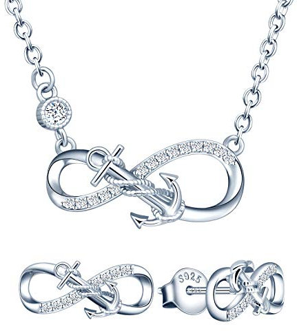 Yumilok Damen Schmuckset Halskette mit Anker Unendlichkeit Anhänger & Damen Ohrstecker Ohrringe aus 925 Sterling Silber