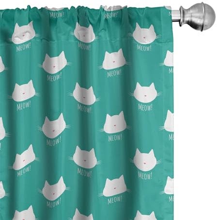 ABAKUHAUS Katze Vorhänge, Gardinen, Meow Wörter und Feline Portrait, Fensterbehandlungen für Wohnzimmer Schlafzimmer Dekor, 2 Stück 75 cm b x 175 cm h, Teal Koralle und Weiß