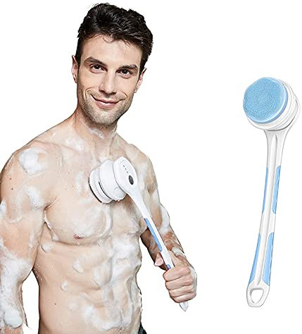 Electric Body Bath Brush with Long Handle, Waterproof Removable Shower Back Scrubber with 5 Replacement Brush Heads 3 Mode,Perfect for Women & Men(Blue)