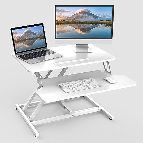 ERGOMAKER Steh-Sitz Schreibtischaufsatz Höhenverstellbar, Stehpult Aufsatz Schreibtisch 64 X 40CM Desktop Erhöhung mit Tastaturablage Weiß