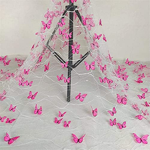 Kinsde 3D Vivid Schmetterlinge Mesh Spitze Stoff Französischer Tüll für DIY Hochzeit Kleid Kostüm Zubehör Blumenmädchen Kleid Brautschleier Heimdekoration (3 Yard, weißes Netz + rosa Schmetterlinge)