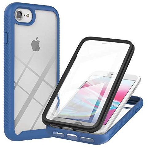 iPhone SE 2022 Case with Built-in Screen Protector, Full Protective Cover, Anti-Scratch Shockproof Transparent Clear Silicone Bumper Phone Case, Blue