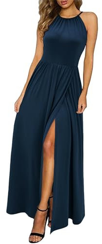 KILIG Maxikleid Damen Sommer Neckholder Sommerkleid Elegant Lang Kleid Hochzeitsgast Partykleid Schlitz Freizeitkleid (Navy,XL)